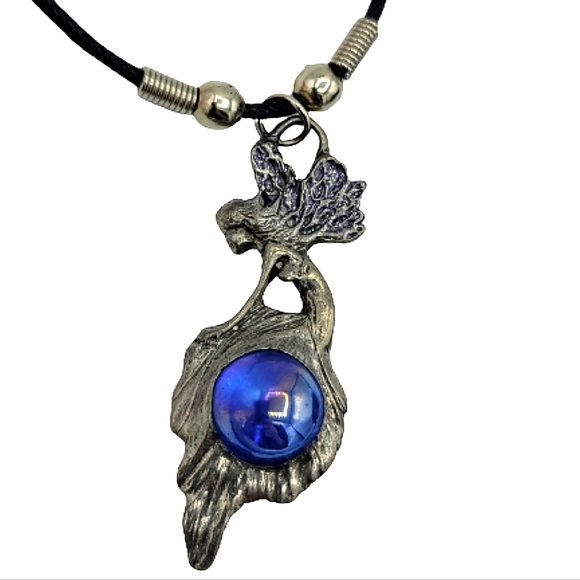 Jewelry - Pewter Fairy Iridescent Blue Marble Pendant Cord Necklace